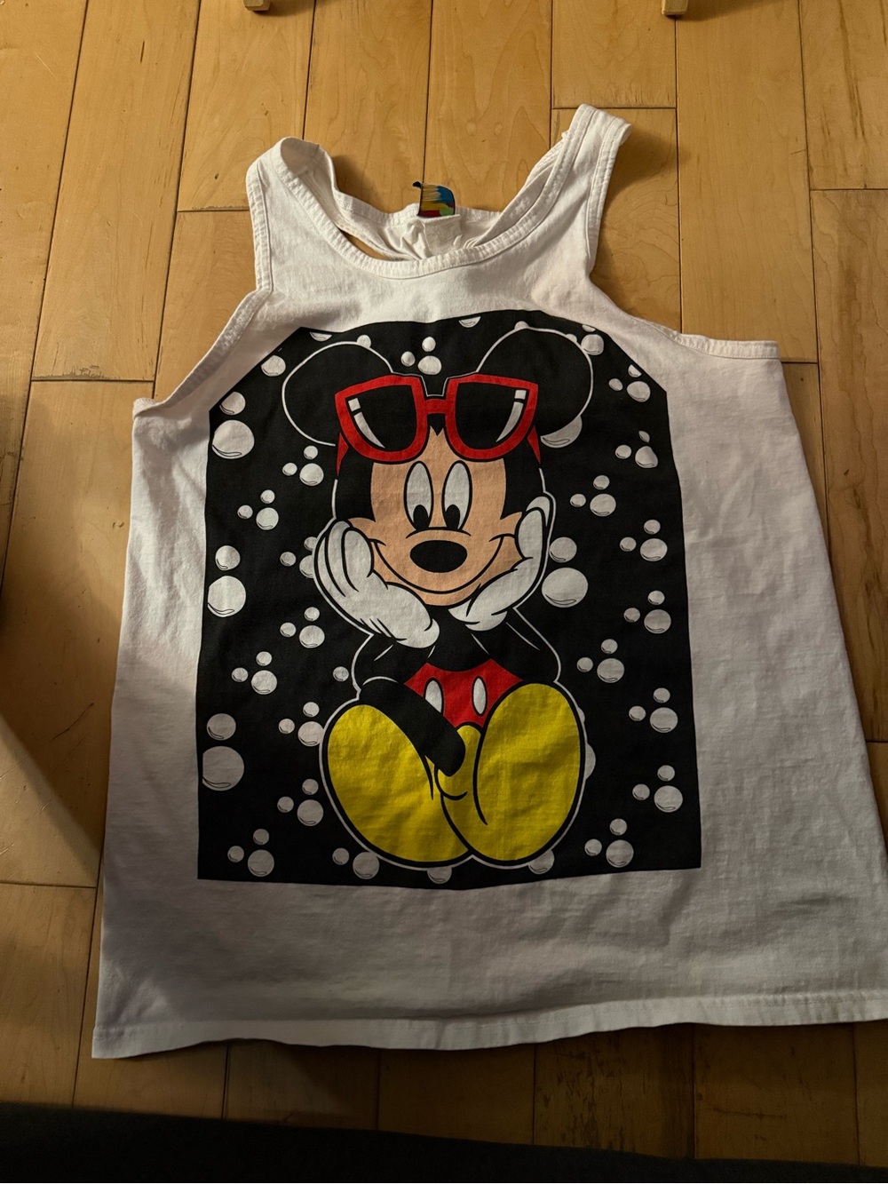 Disney White Tank Top with Minnie Mouse Graphic and Red Sunglasses